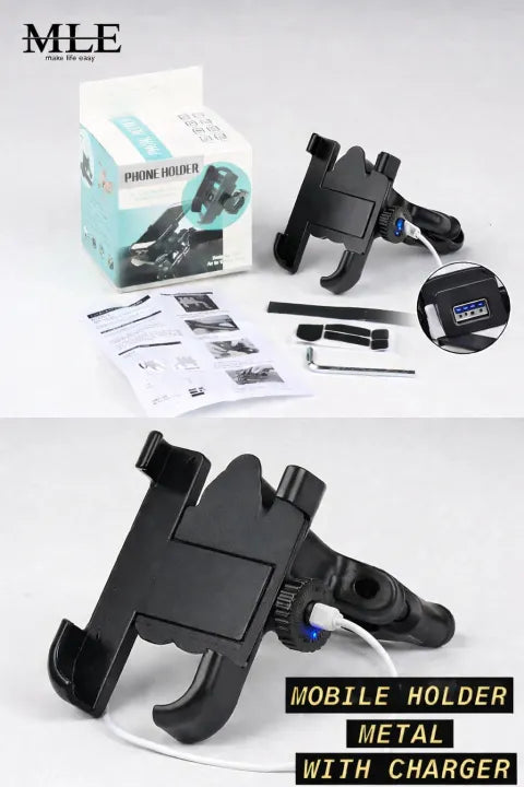 Heavy Duty Metal Motorcycle Mobile Holder with USB Charger – Universal Adjustable Handlebar Mount
