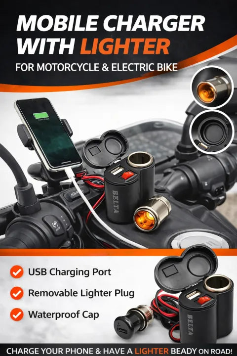 Motorcycle USB Charger Socket with Lighter Port – 12V Waterproof Bike Mobile Charging Port