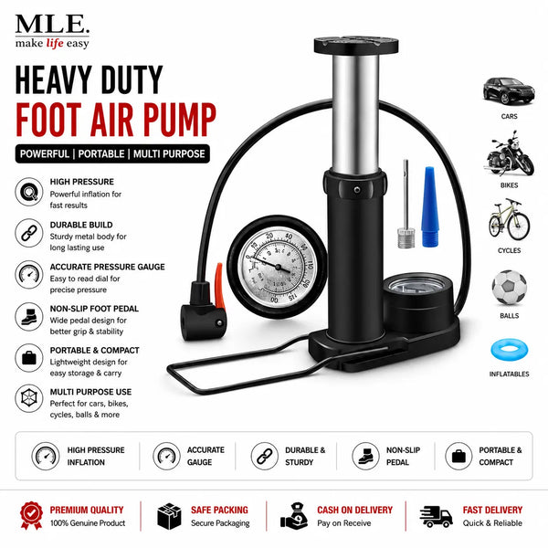 High Pressure Foot Air Pump with Gauge – Heavy-Duty Foot Pump for Bicycle, Bike, Car, Ball & Inflatable Toys | Portable Mini Air Pump with Pressure Meter