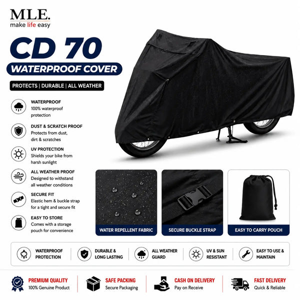 CD 70 Waterproof Bike Cover – Heavy Duty Motorcycle Body Cover | Rain, Dust & Sun Protection Universal Motorbike Top Cover (Black)
