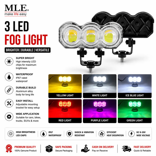 Triple Lens LED Fog Light – Dolphin Projector Driving Light for Bike & Car | White, Yellow, Mix & Flash Mode Waterproof Work Spotlight