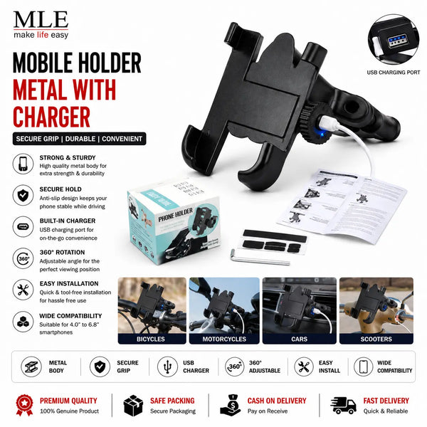 Heavy Duty Metal Motorcycle Mobile Holder with USB Charger – Universal Adjustable Handlebar Mount