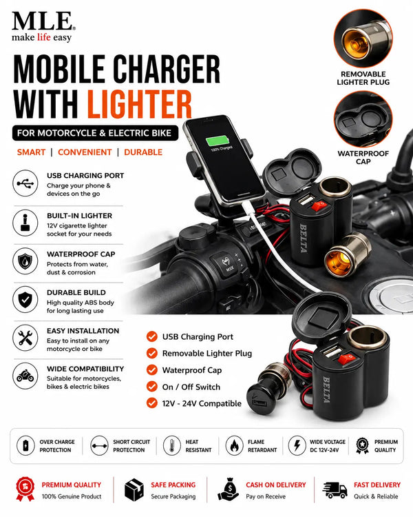 Motorcycle USB Charger Socket with Lighter Port – 12V Waterproof Bike Mobile Charging Port